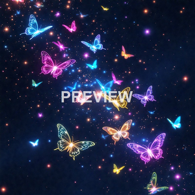 The image depicts numerous glowing, colorful butterflies of various sizes and colors flying against a dark starry background, creating a whimsical and magical scene.